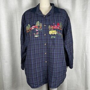 Vintage VJ Woman Shirt 3X Blue Plaid Floral Embroidered Button Up School Bus